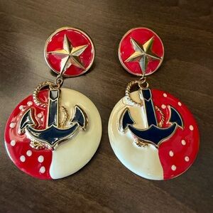 Vintage Enamel Nautical Anchor Pierced Earrings